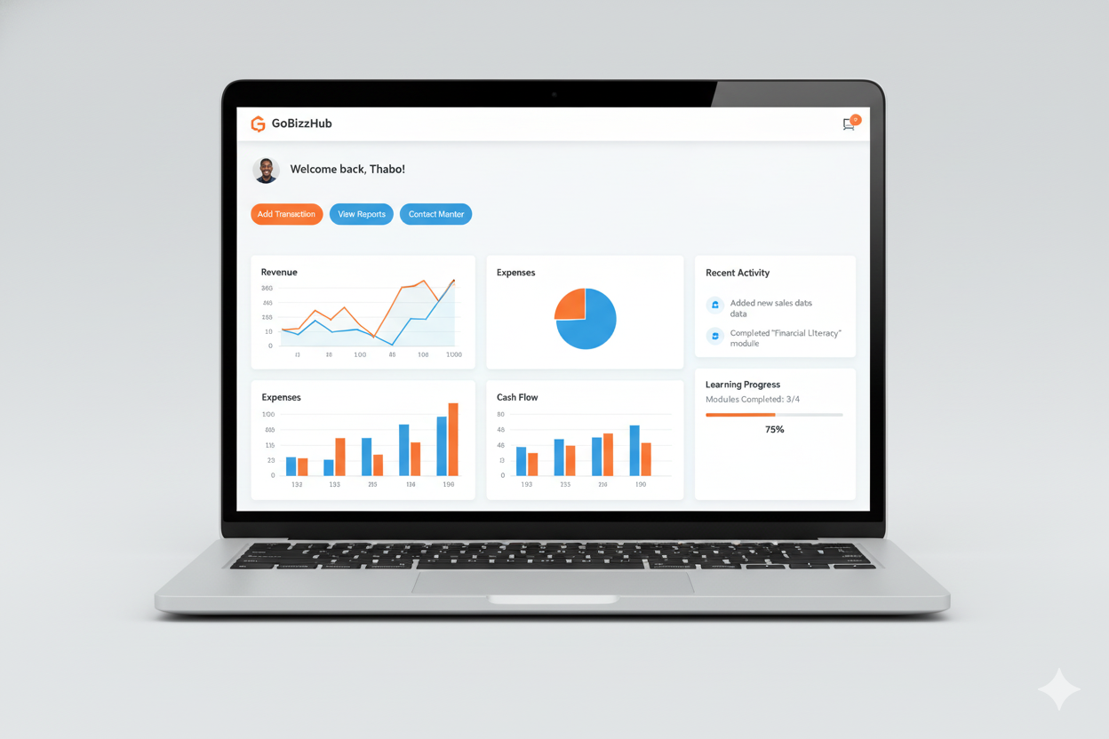 GoBizzHub dashboard showing cash flow analytics on a mobile phone